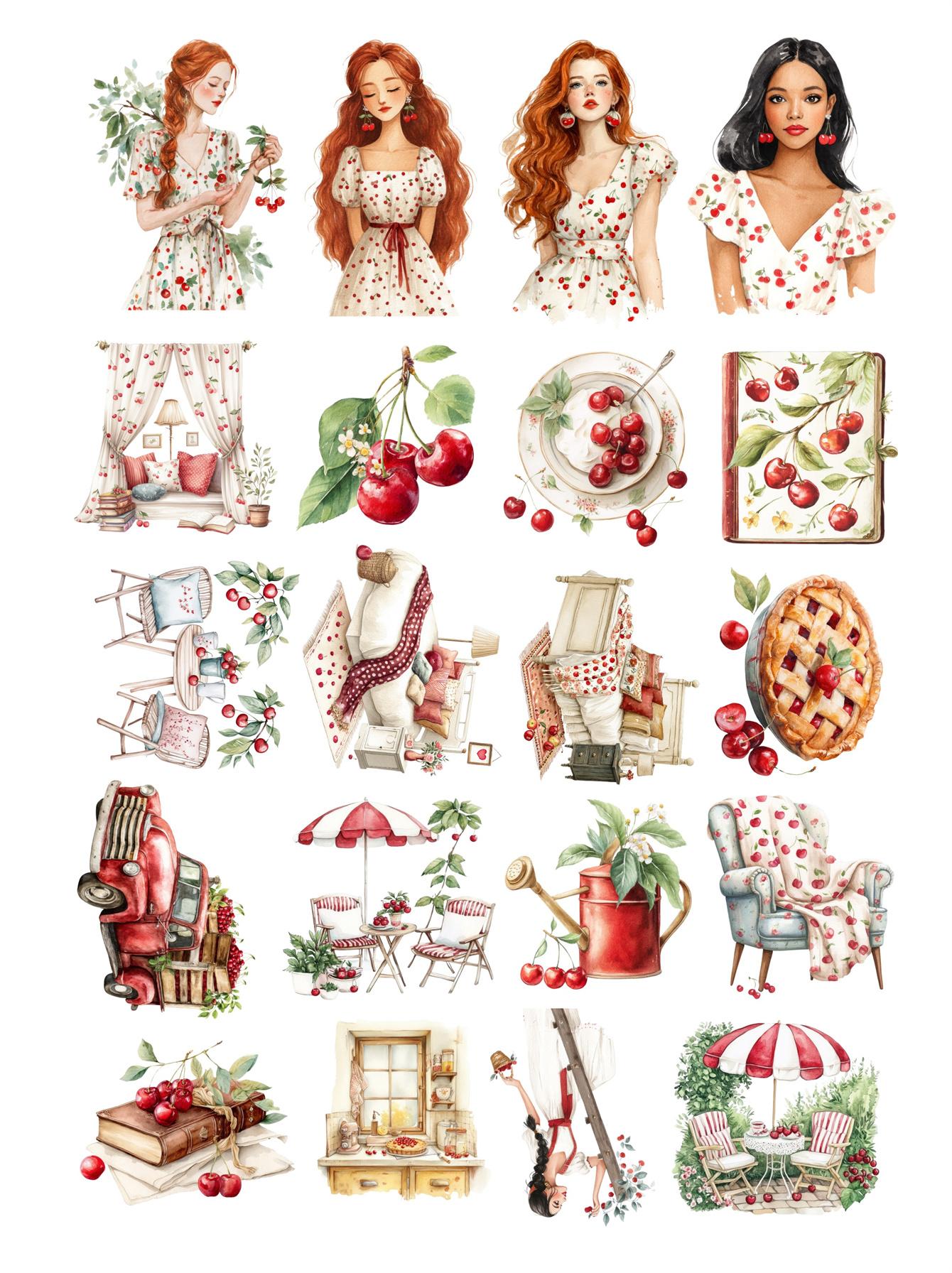 

20pcs Watercolor retro pastoral style cherry girl Stickers Diary Notebook Planner /Handbook DIY Letter Adesivos Flower Daily білий