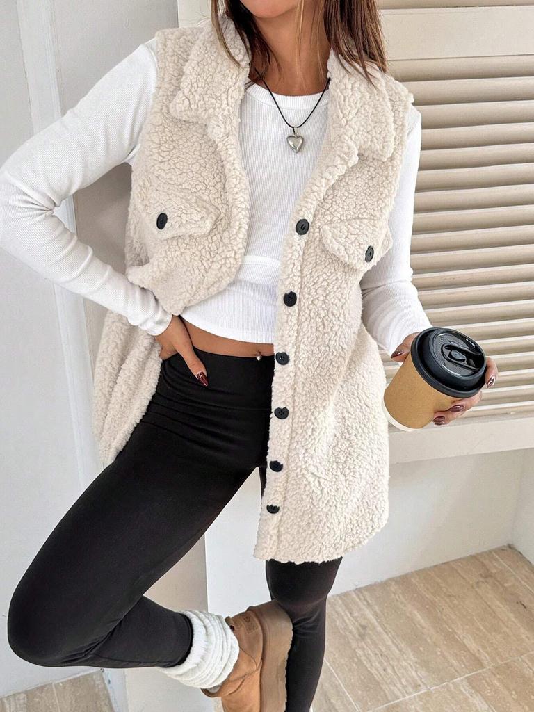 In-Stock Women's Fall/Winter Lapel Button-Up Plush Faux Lambswool Vest Coat - Loose Commuting Style