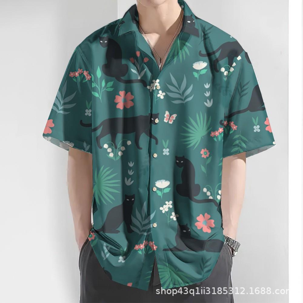 New Men's Hawaii Yellow Shirts Creative Chinese Landscape Painting Short Sleeve Aloha Shirts Cuban Style Summer