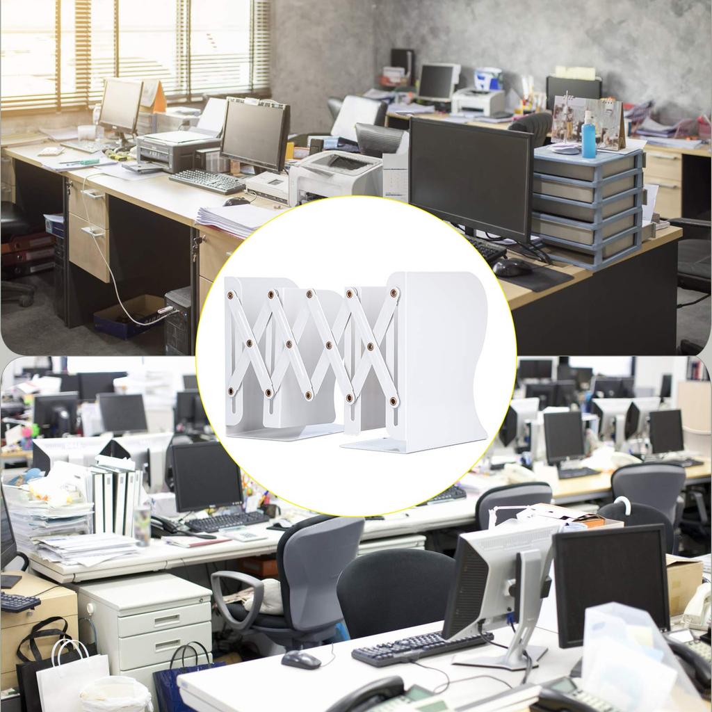 ALIOBC Extendable Metal Desktop Bookshelf with Magazine and Document Newspaper Retractable Office White Bookends, Anti-Tip Dividers, Storage, Files,