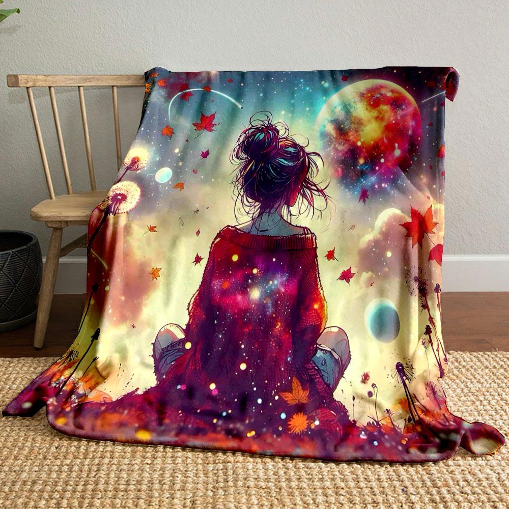 "Dreamy Girl Under Cosmic Sky" Patterned blanket, flannel, suitable for all seasons, home decor, warm and cozy