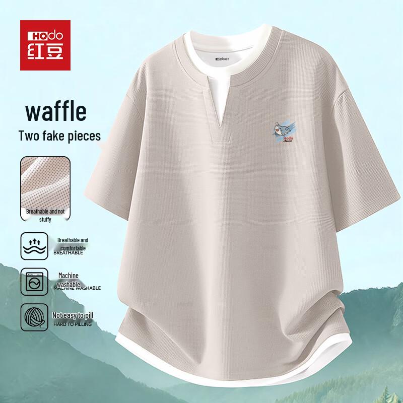 Hodo Men's Summer Waffle Faux Two-Piece Round Neck T-Shirt