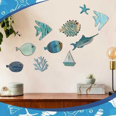 10 Pieces Handcrafted Wooden Ocean Wall Decor Fish Coral Starfish Sailboat Set Home Bathroom Coastal Style Art Home Decoration