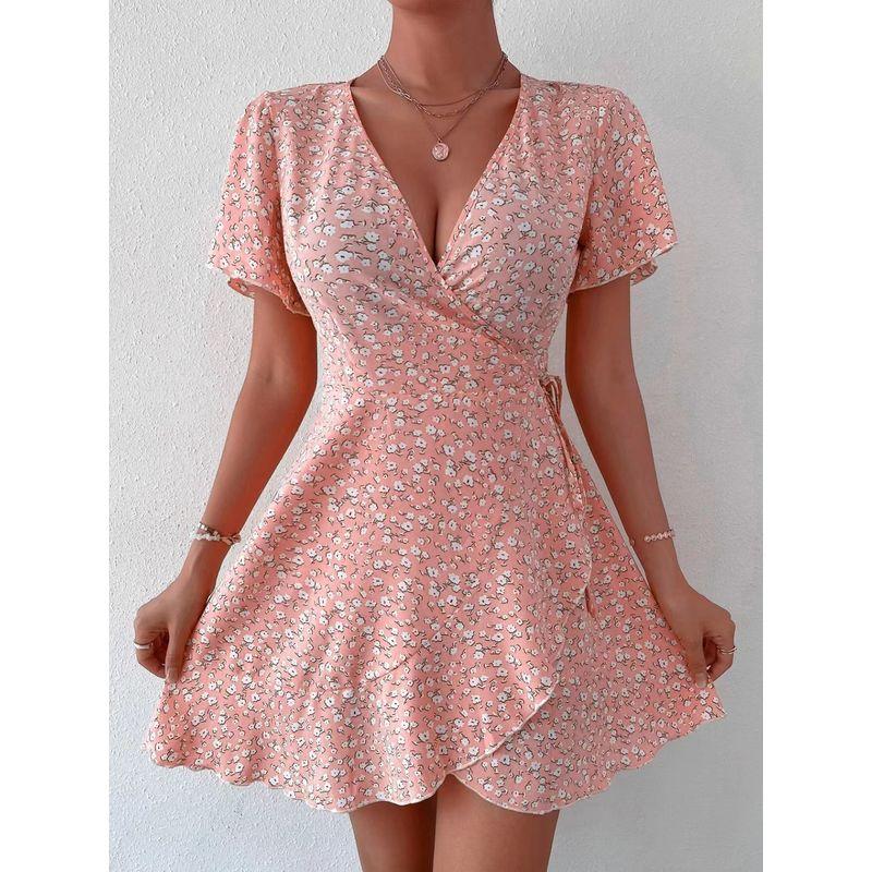 

Floral Short Skirt Dress New European and American Sexy Floral Lace-up Waist Hugging Short sleeve V-neck Short dress Pink XXL