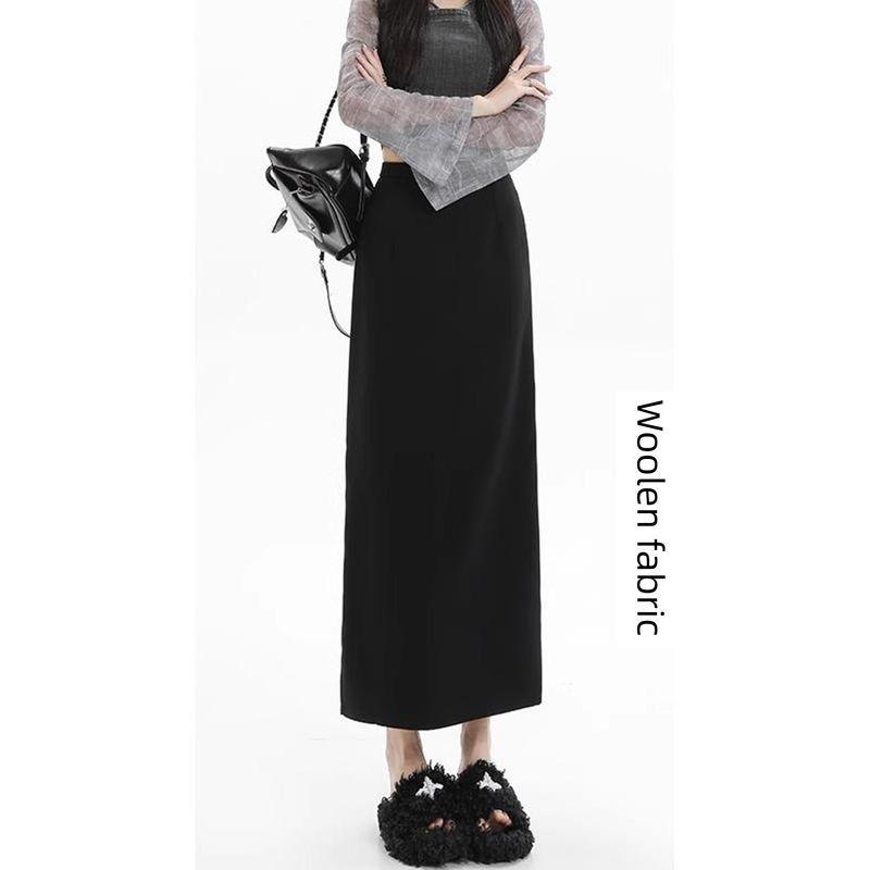

Black Suit Skirt for Women, New Spring Style for Plus-Size Girls, Loose Fit, Tummy-Concealing, Slimming, Ankle-Length, Slit Straight Skirt Black Woolen Fabric 3XL