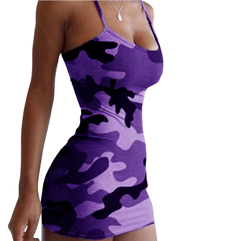 2026 Women s Summer Camouflage Print Spaghetti Strap Bodycon Dress S