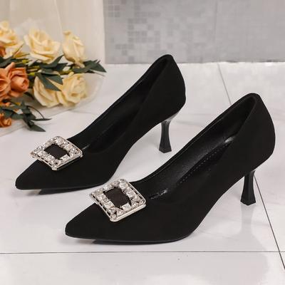 Temperament Rhinestone Square Buckle Professional Single Shoes Pointed Head Light Mouth Stiletto Black High Heels Female