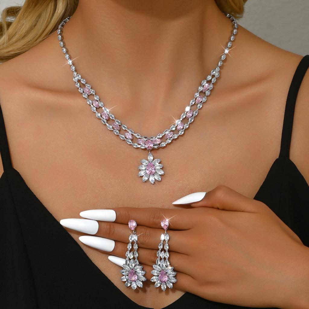 3PC Women's Fashion Zircon Geometric Flower Fresh Necklace Earring Zircon Set Design Sense Set Daily Wear Holiday Gift