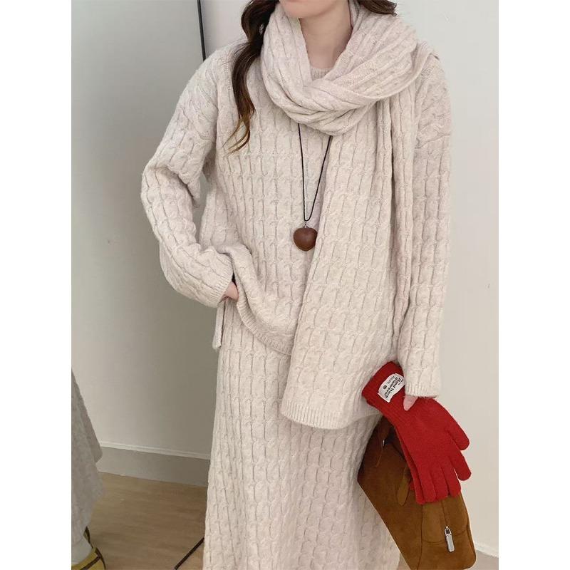 Casual three-piece autumn and winter lazy wind large size long-sleeved scarf knitted sweater skirt set