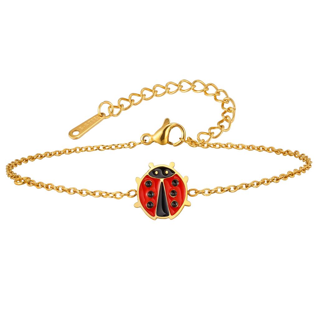 New Fashion Enamel Ladybird Charm Bracelet Women, Stainless Steel Thin Link Handmade Jewelry