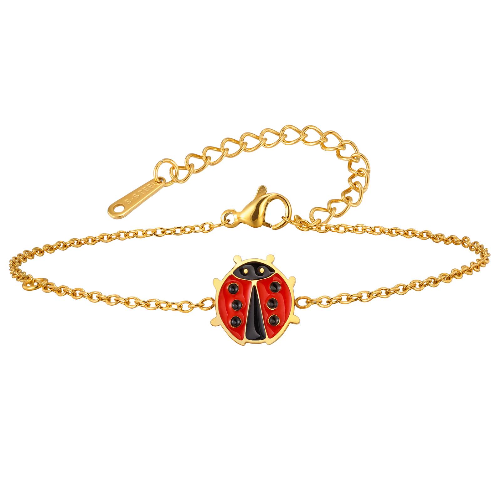 New Fashion Enamel Ladybird Charm Bracelet Women, Stainless Steel Thin Link Handmade Jewelry