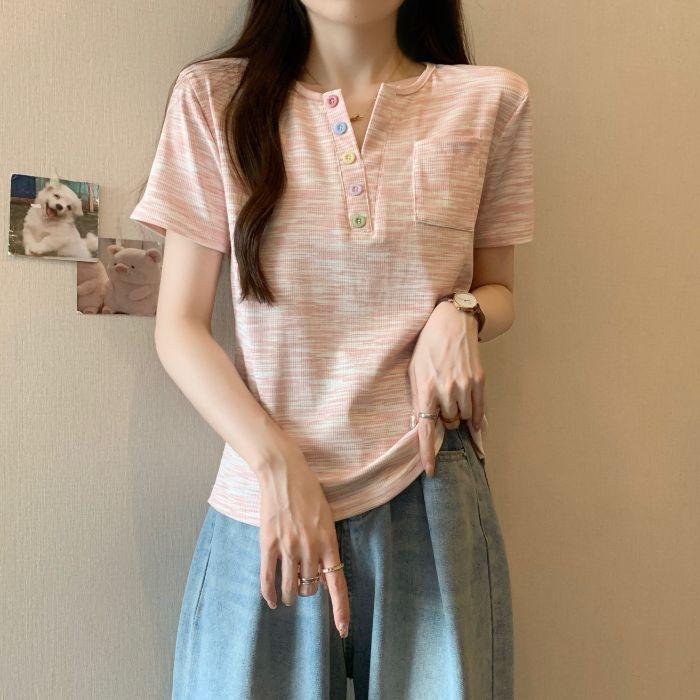 Pink Striped Color Buckle V-neck Front Shoulder Short-sleeved T-shirt Women's Summer Large Size Fat Mm Shirt Dopamine Top