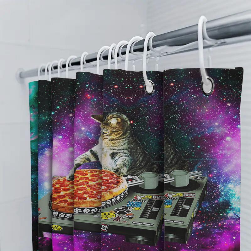Psychedelic Space Cats Pizza Turntable Shower Curtain Bizarre Bathroom Decor For Cat Lovers