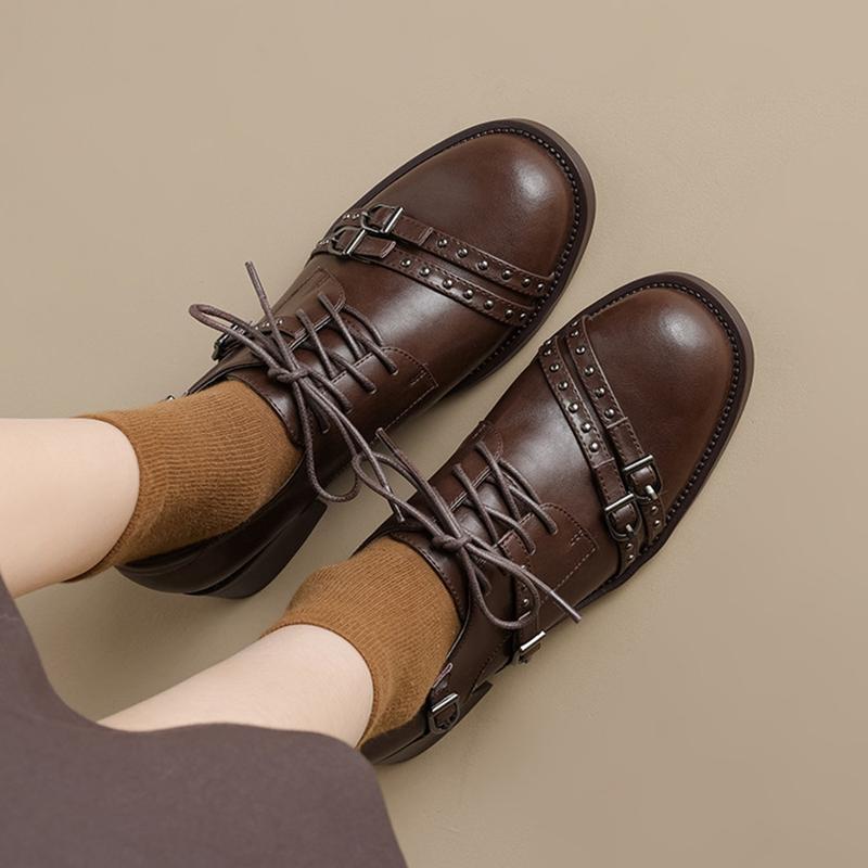 Fashion NEW Spring/Autumn Women Loafers Round Toe Chunky Heel Shoes Split Leather Shoes Women Rivet Lace-up Women Pumps Handmade Shoes