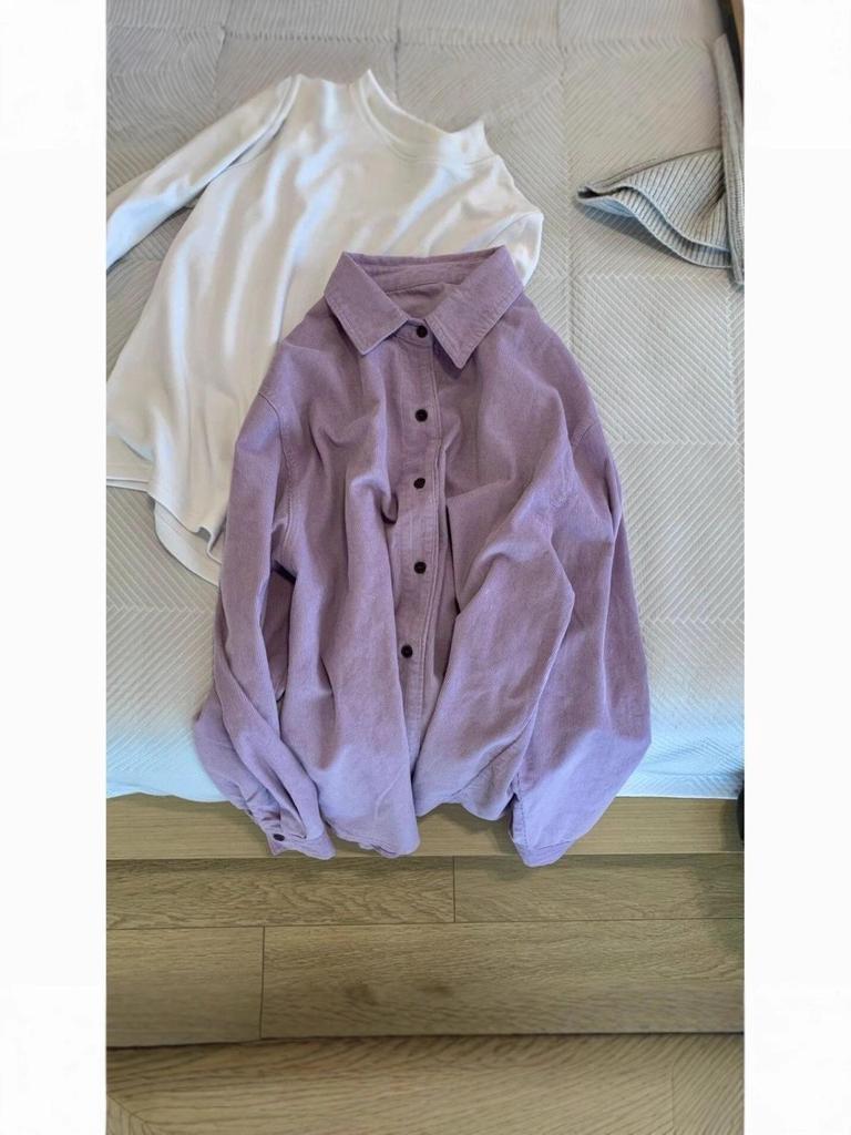 Korean Purple Corduroy Loose Long Sleeve Jacket - Versatile Spring/Autumn Casual Top 2025