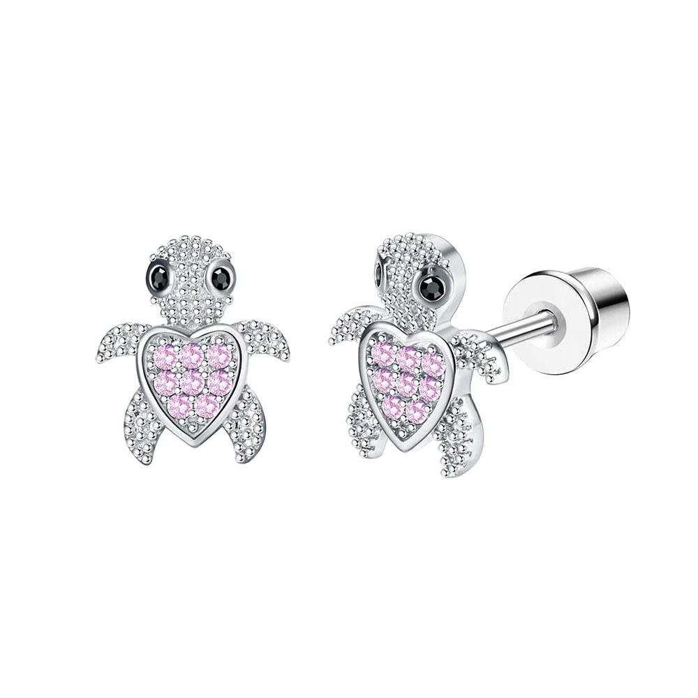 Bobisty 1Pair Cute Screw Back Earrings for Women Stainless Steel Multicolored Heart Flower Butterfly Rainbow CZ Stud Earrings