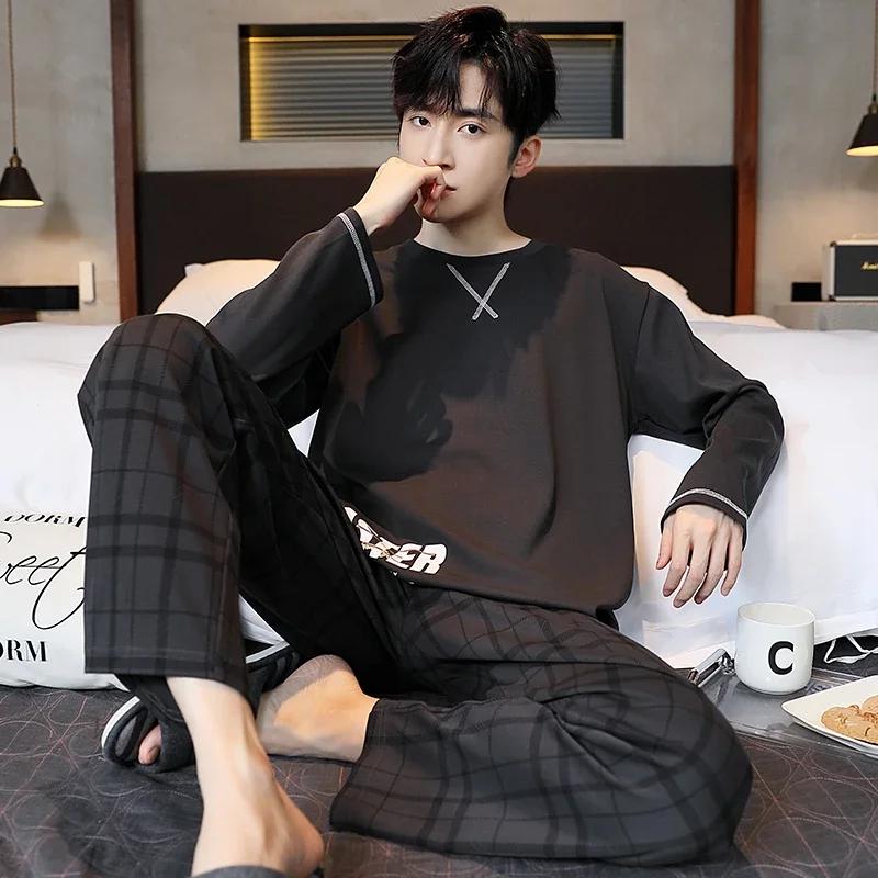 Baumwolle Herren Pullover Nachtwäsche Herbst Frühling Langarm Nachtwäsche 2 Stück Pyjamas Set Männlich