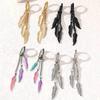 Creative Colorful Stainless Steel Feather and Leaf Chain Ear Clips - Trendy Long Dangle Earrings