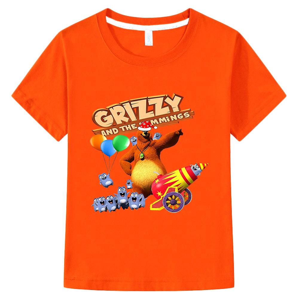 T-shirt per Bambini Grizzy e i Lemming 100% Cotone Stampa Cartone Animato Manica Corta Carina per Bambini e Bambine Top per Bambini 3-12 Anni Girocollo Magliette Estive Anime