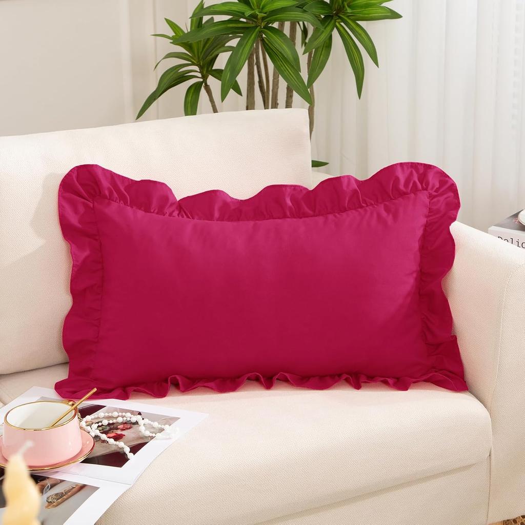 White Ruffle Lumbar Pillow Cover 12x20 Inch, Ruffled Cushion Case Covers for Couch Sofa Bed Living Room, Decorative Farmhouse Throw Pillow Cover,