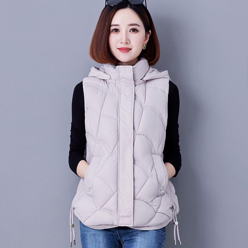 Stylish Hooded Down Cotton Vest for Middle-Aged Women, Windproof Warm Casual Jacket for Autumn/Winter