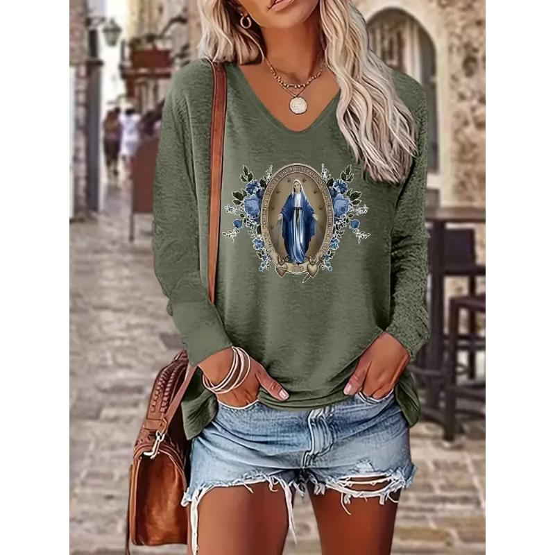 Modisches Damen V-Ausschnitt Langarm 3D Lässiges Farbprint Lässiges Langarm V-Ausschnitt T-Shirt