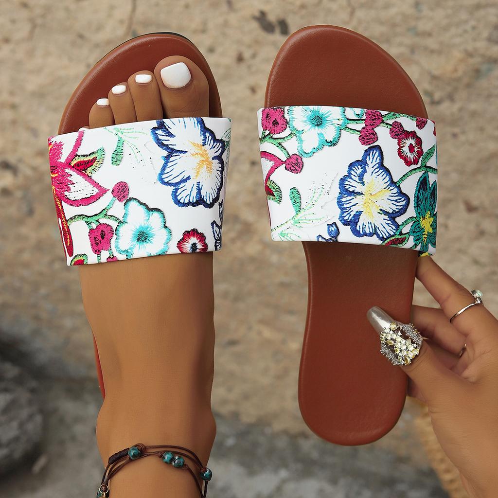 Large size flat-bottomed cool slippers women's summer new printed slippers women's lazy one-word slippers women's beach shoes women