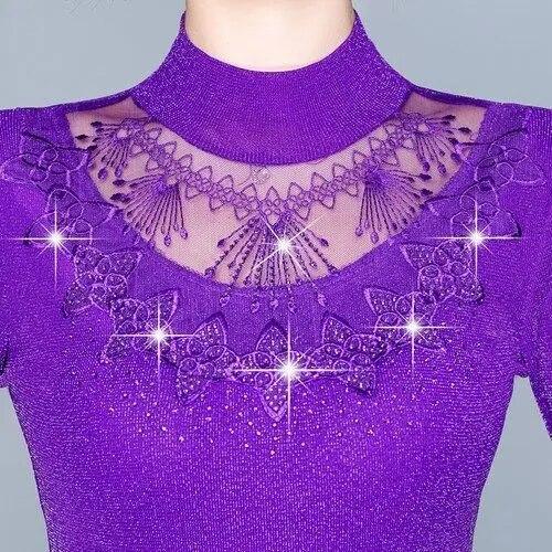 Autumn New Fashion Bottoming Shirt Women's Mesh Collar Slim Mom's Clothing Long Sleeve Top M-5XL