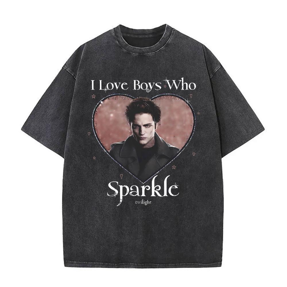 Washed Vintage Movie Twilight I Love Boys Who Sparkle Robert Pattinson T Shirt Edward Cullen Tshirt Men Women Oversized T-shirt S разноцветный