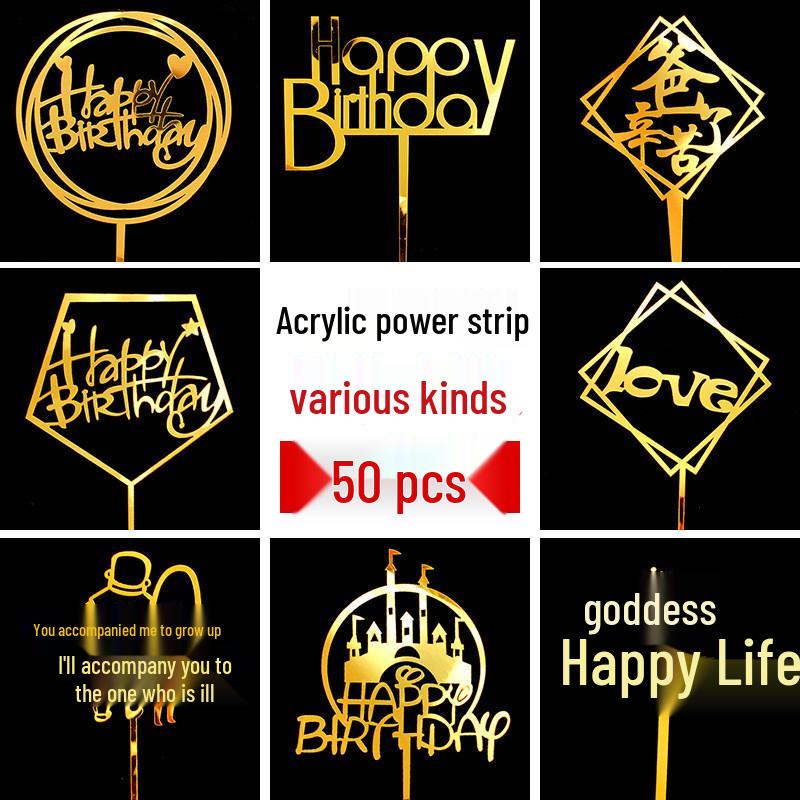 50-Piece Happy Birthday Acrylic Cake Decoration Inserts - Creative English Design for Prosperity, Health, and Longevity