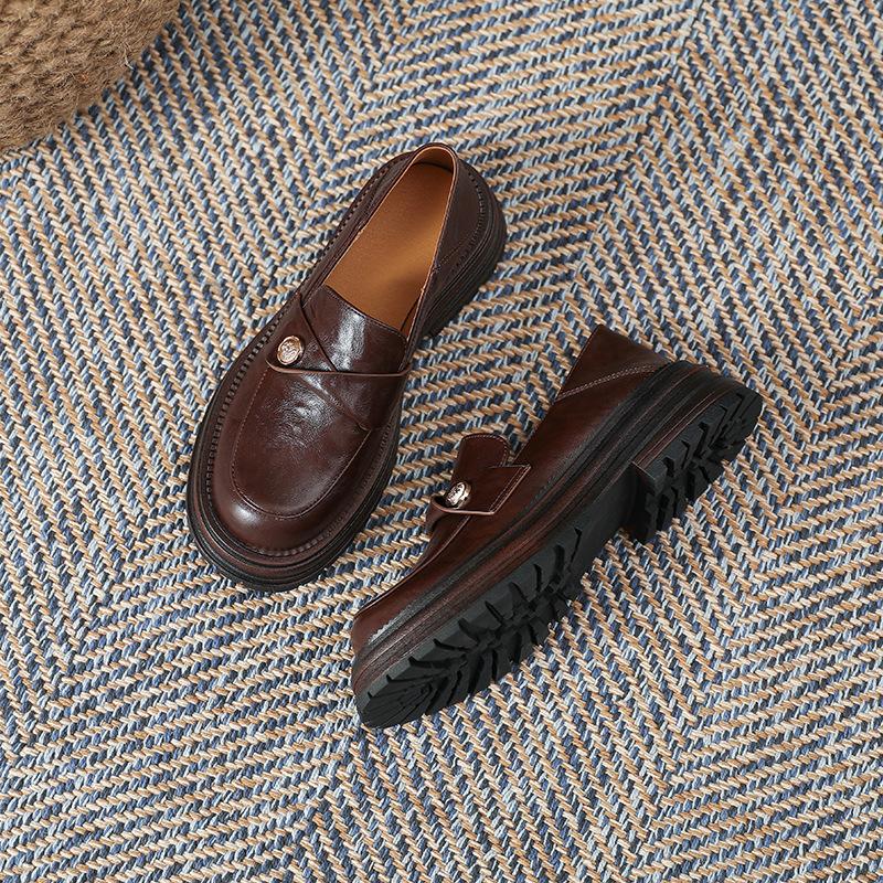 Gold Coin Loafers Women's 2025 Spring New British Style High-end Thick-heeled Small Leather Shoes Sweet and Cool Camellia Single Shoes