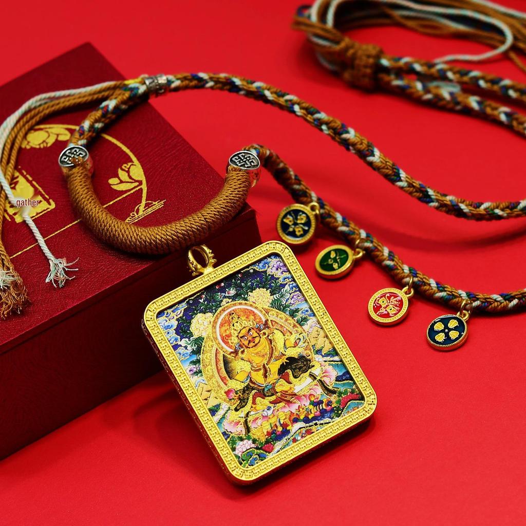 Yellow Jambhala Tibetan Thangka Gold Pendant Necklace with Fashionable Rope for Attracting Wealth