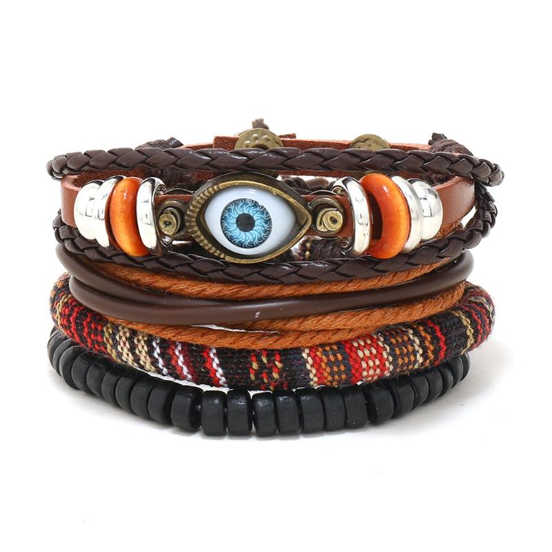 Boho Multilayer Leather Bracelets Evil Eye Charm Beads Bracelet Bangle For Women Men Vintage Punk Wrap Set