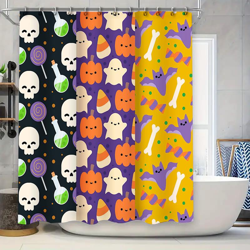 

Halloween-themed shower curtains with spooky patterns featuring ghosts, candy corn, bats, pumpkins, skulls, and bones in vibrant 90x180cm