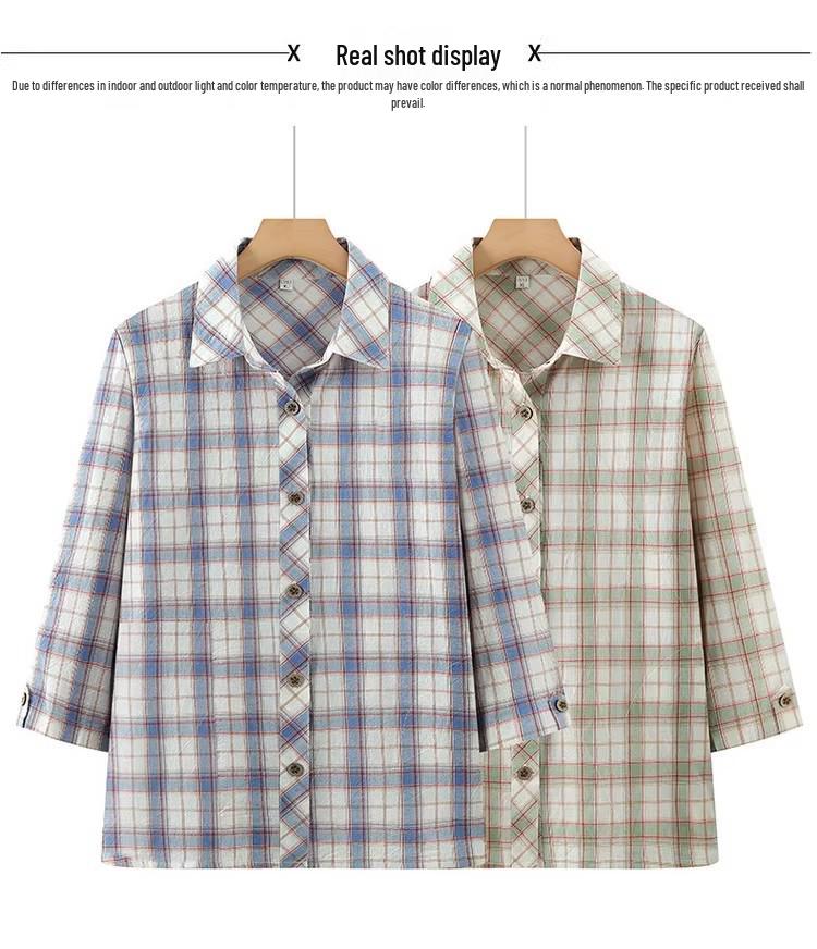 Women's Plaid Long Sleeve Pure Cotton Shirt for Spring/Autumn - Loose Fit for Middle-Aged and Elderly