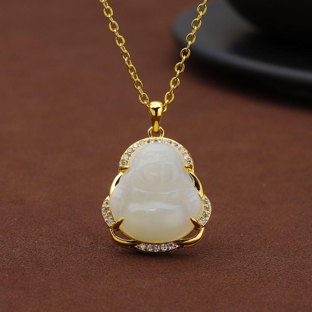 S925 Sterling Silver Hetian Jade Maitreya Buddha Necklace - Women's Trendy Ancient Style Clavicle Chain Pendant