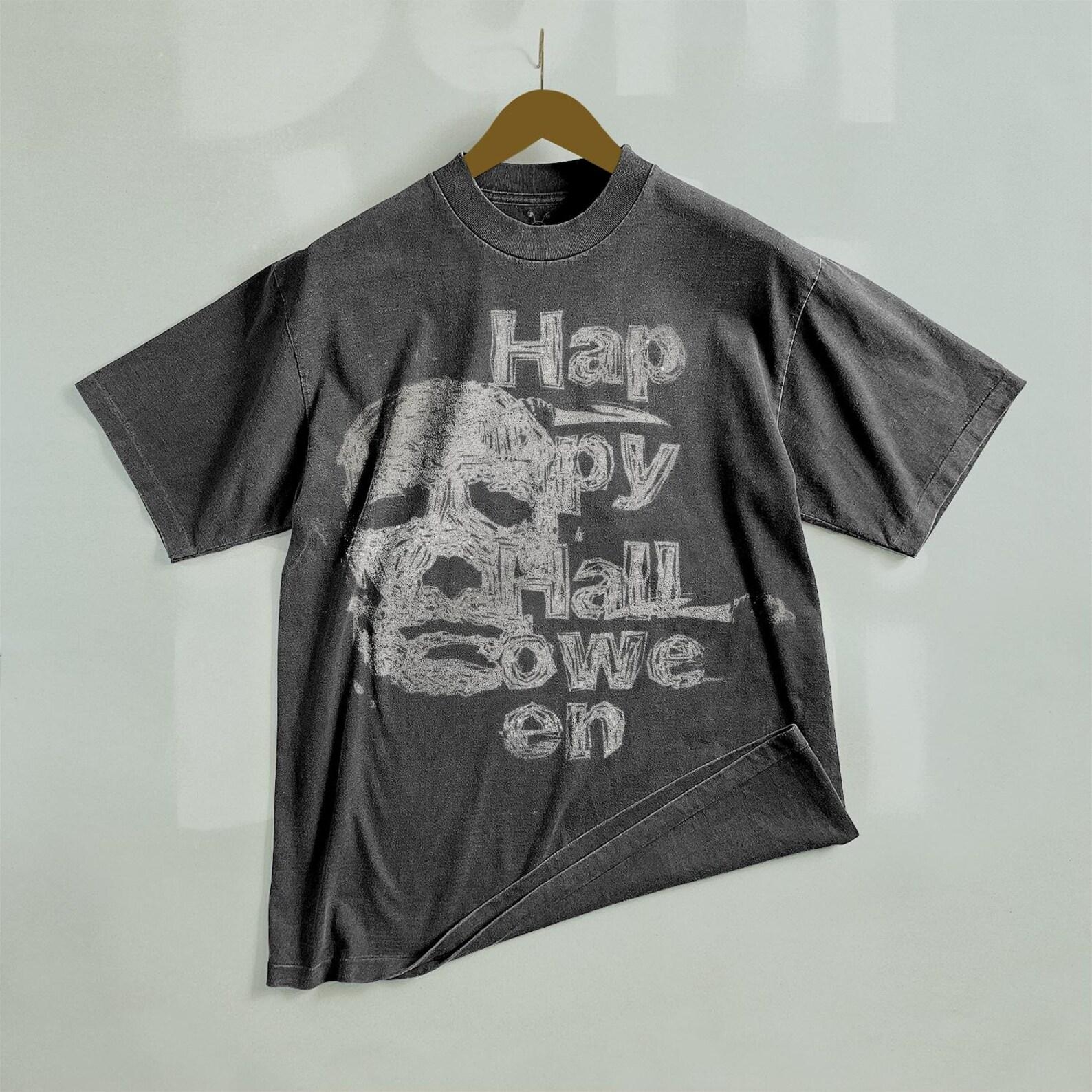 Michael Myers Bleached T-Shirt: Faded Black Cotton, Happy Halloween L