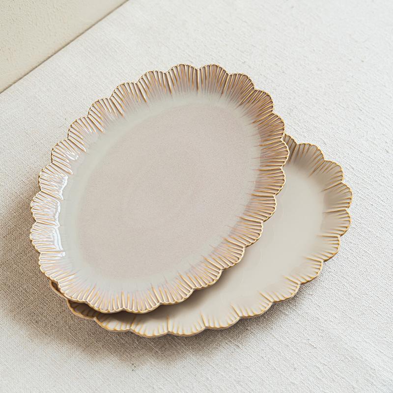 Premium Retro Ceramic Large Plate Tableware Lace-Shaped Hotel Vegetable Plate Exquisite Gold Relief Home Steamed Fish Plate