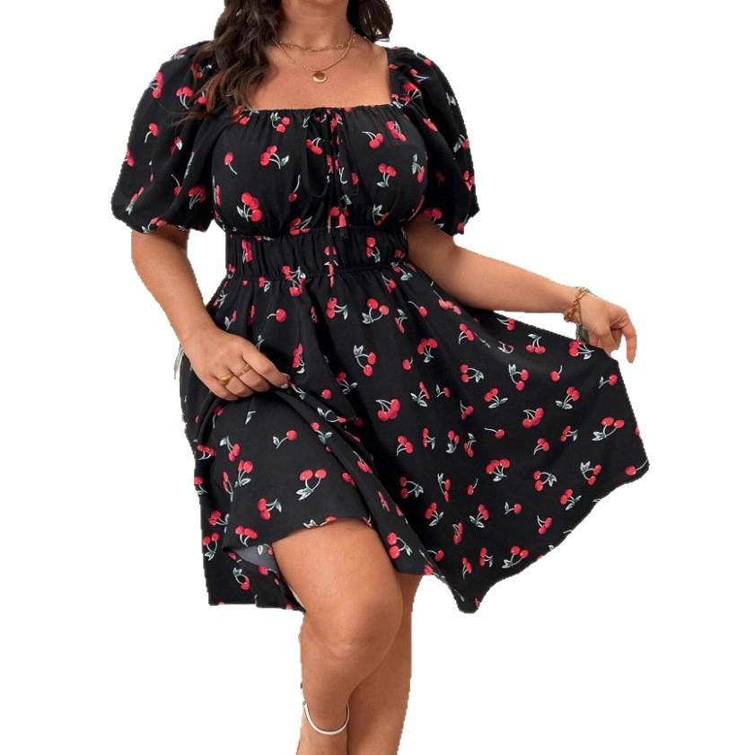 Print Dress Short Sleeve Cherry Print Large Size Dress