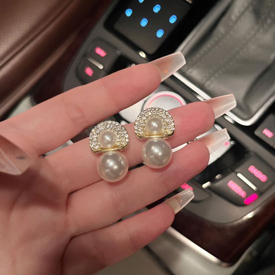 White Faux Pearl Stud Earrings with Semicircle Zirconia Crystal Top Lightweight Silver Needle Bridal Earrings for Brides Bridesmaids Wedding Party