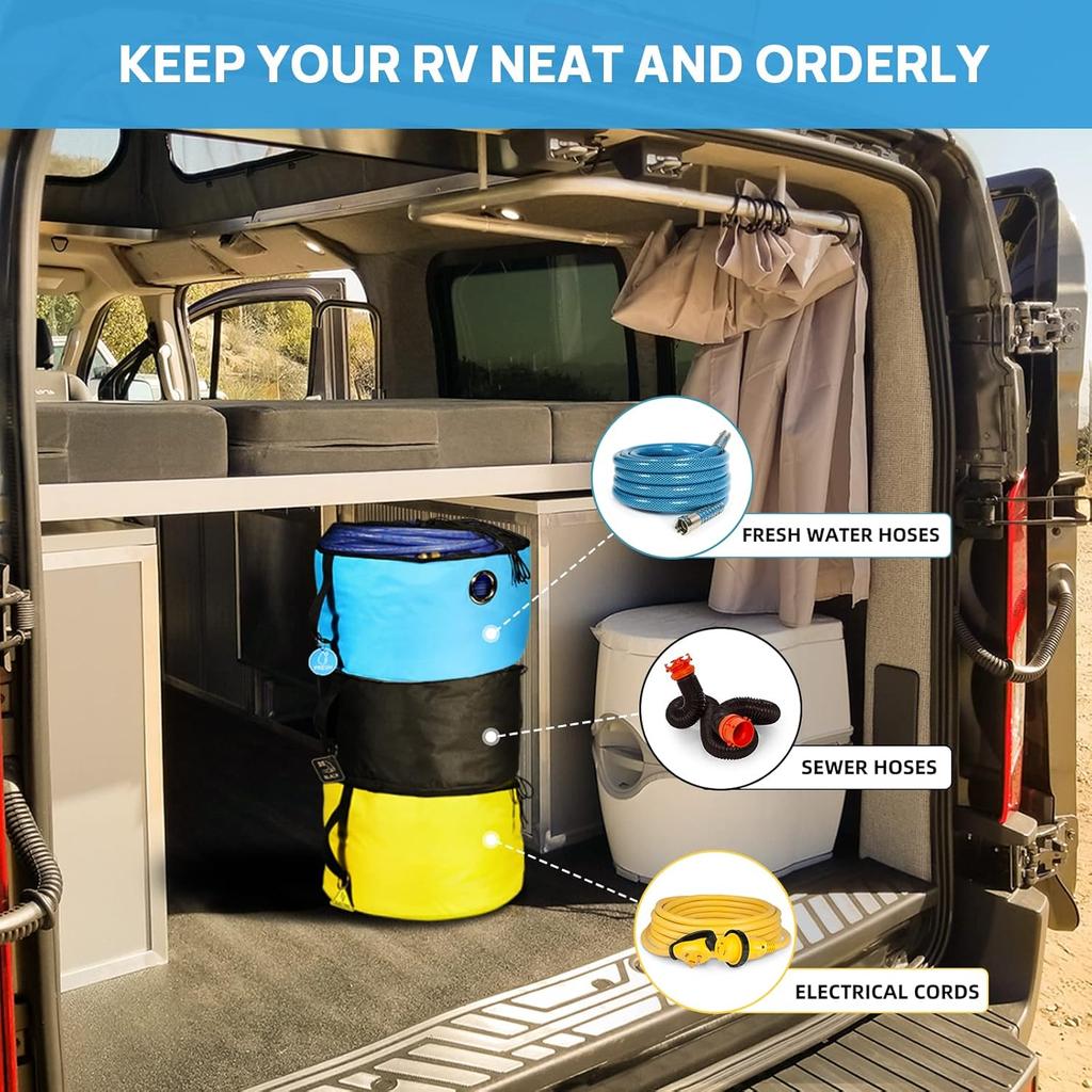 Wohnmobil-Schlauchaufbewahrungstasche im 3er-Pack, Wohnmobilzubehör für den Außenbereich, Gummi-Identifikationsanhänger für Frisch-/Schwarzwasser-Schlauchanschlüsse, Elektrokabel &