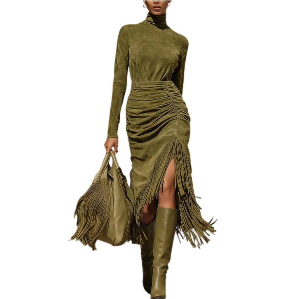 Damen Langarm Elegant Temperament Sexy Unregelmäßiges Quasten Einfarbiges Kleid