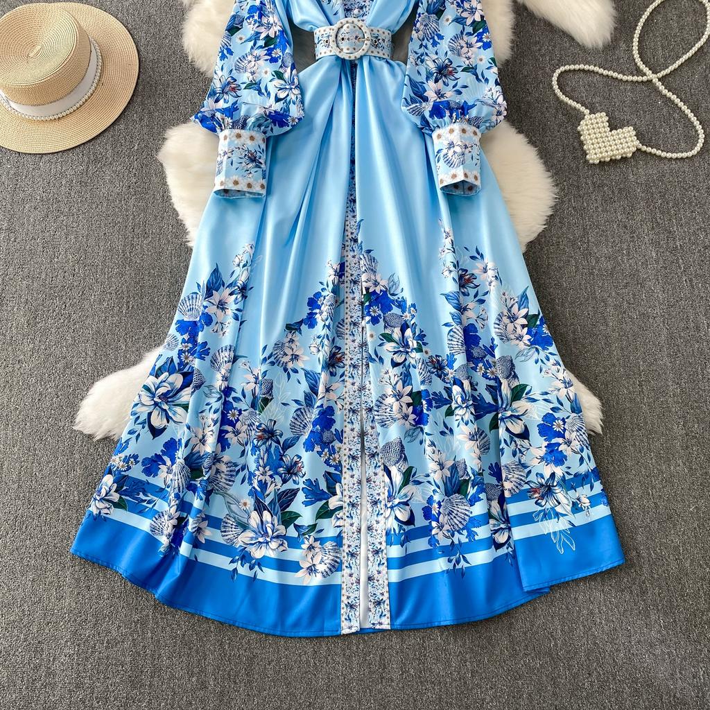 Spring Autumn Women Vintage Print Runway Dresses Stand Full Sleeve Single Breasted Long Maxi Holiday Party Dress With Belt