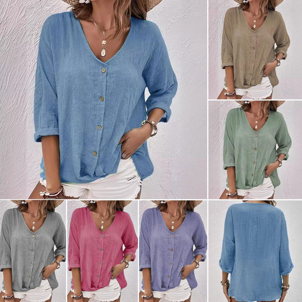 Women's V Neck Three Quarter Sleeve Blouse Loose Fit Casual Shirt Solid Color Button Down Tunic Top