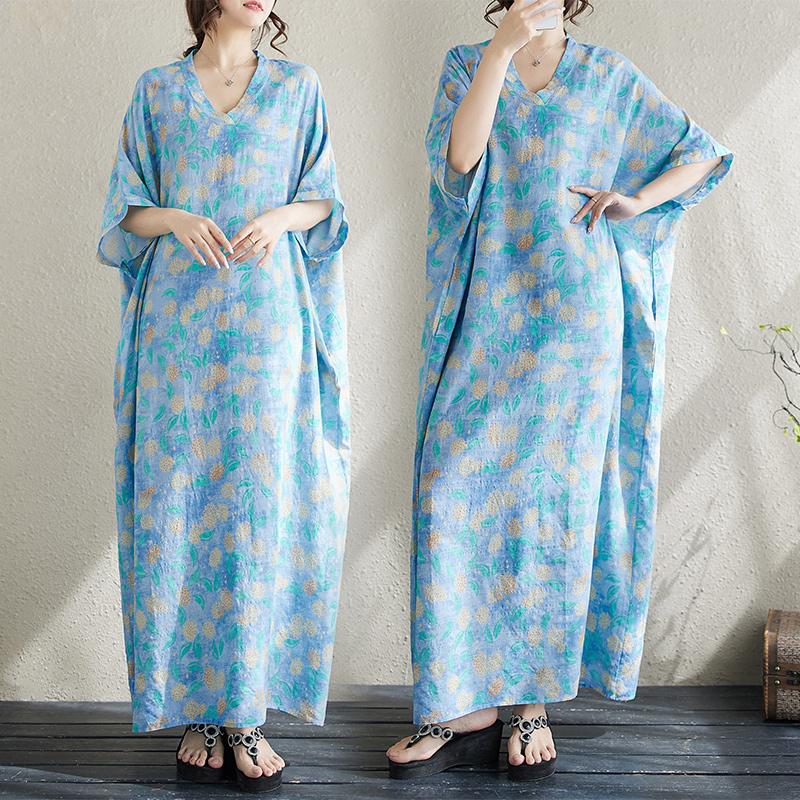 DIMANAF 2024 Plus Size Summer Women Beach Dress Basic Floral Print Loose Style Vintage Long Holiday Dresses