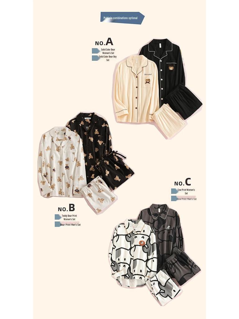 Korean Style Couple Pajamas 2021: 100% Cotton Long Sleeve Homewear for Women & Men - Spring, Autumn, Winter