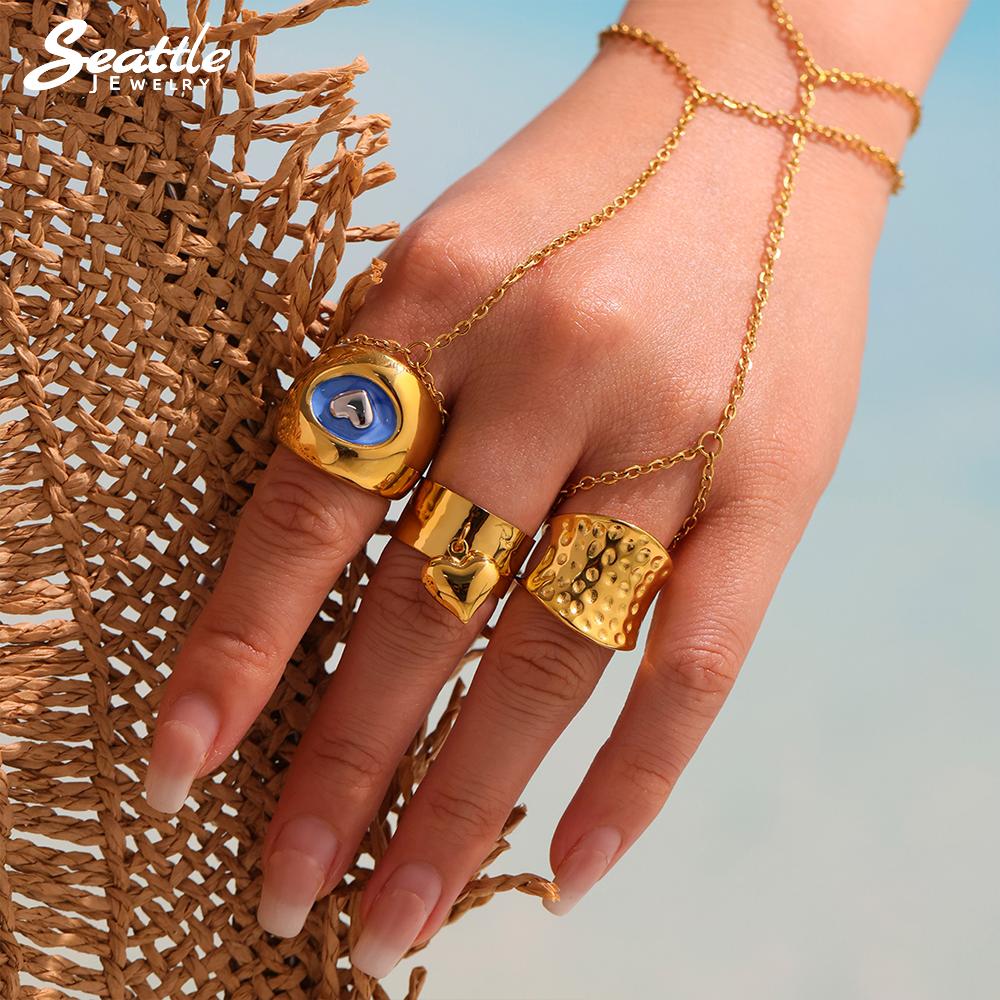 Gold Color Zinc Alloy 316 Stainless Steel Gold Plated 18K Luxury Ring Women's Blue Enamel Heart Open Ring Girls Fashion Zircon