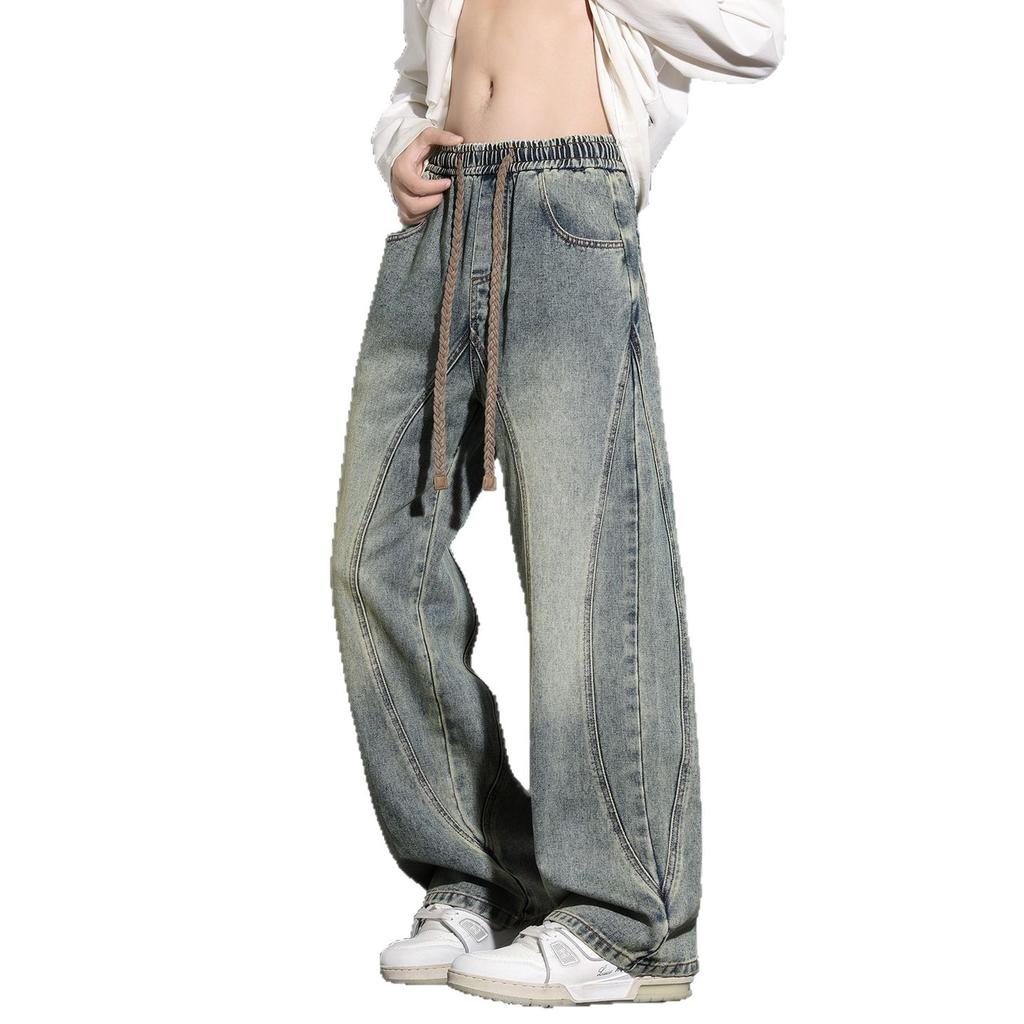 Spring, autumn and winter new four-season high-end deconstruction splicing wide-leg loose straight jeans men's pants trend