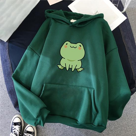 Unisex Hoodie Solid Color Frog Pattern Autumn Winter Korean Style Warm Sweatshirt for Daily Wear