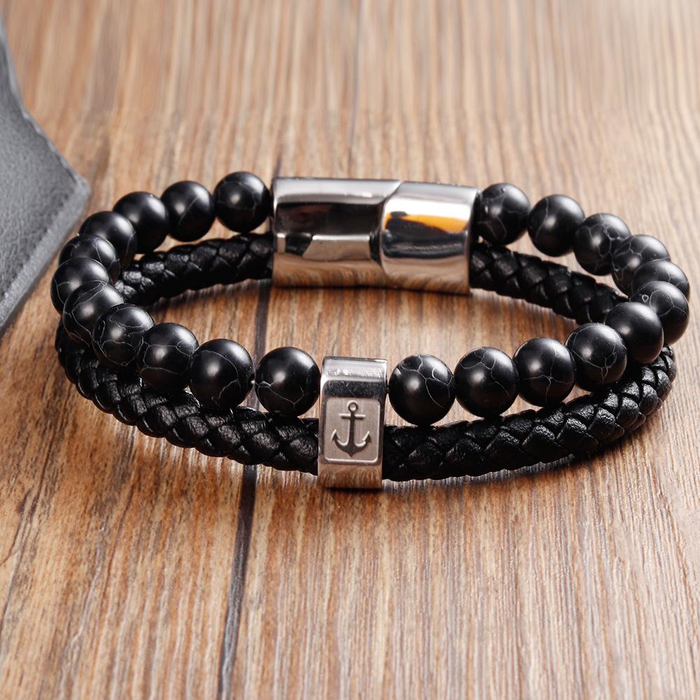 Якорь Черная Кожаная Веревка Коровья Кожа Мужской Браслет из Натуральных Камней и Кожи Плетеная Кожаная Многослойная Браслет Ручной Работы 2026 21CM